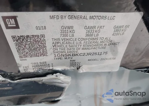 2018 Chevrolet Tahoe Lt z USA, uszkodzony, nr VIN 1GNSKBKC2JR251175